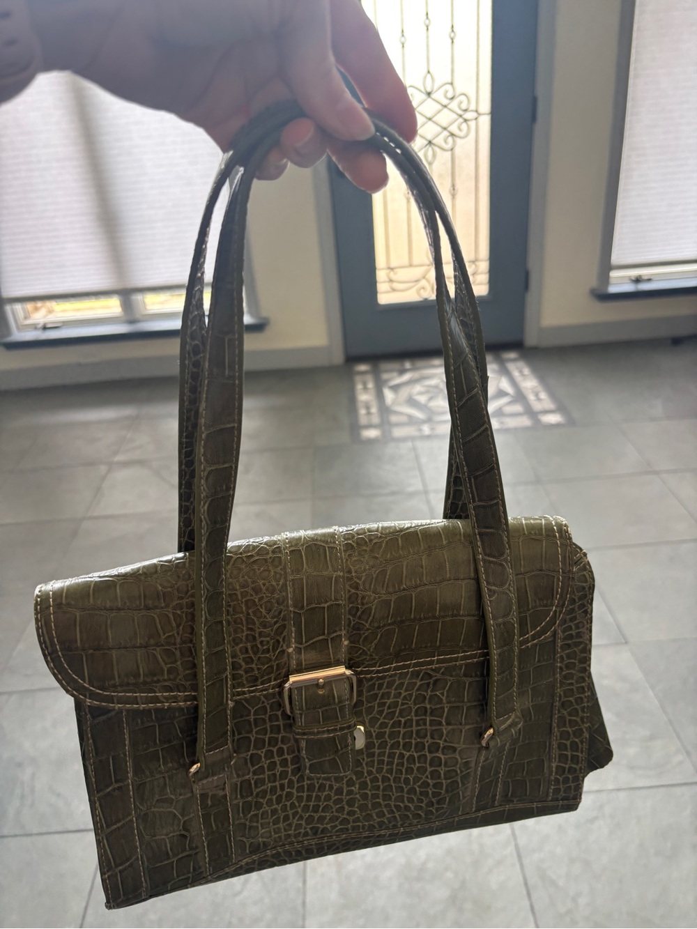 Liz Claiborne Olive Croc-Embossed Shoulder Bag with Gold Buckle